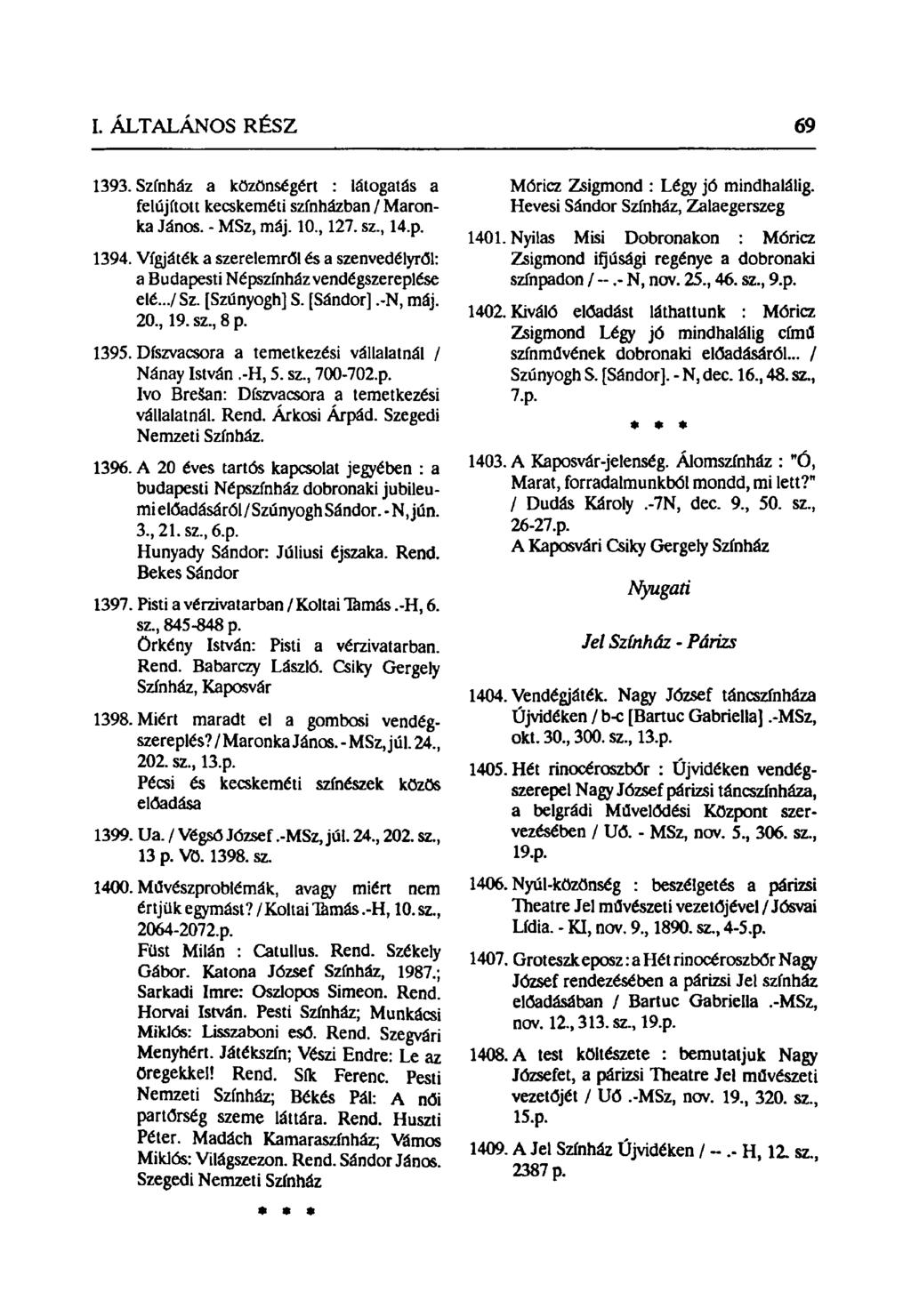 1393. Színház a közönségért : látogatás a felújított kecskeméti színházban / Maronka János. - MSz, máj. 10, 127. sz, 14.p. 1394.
