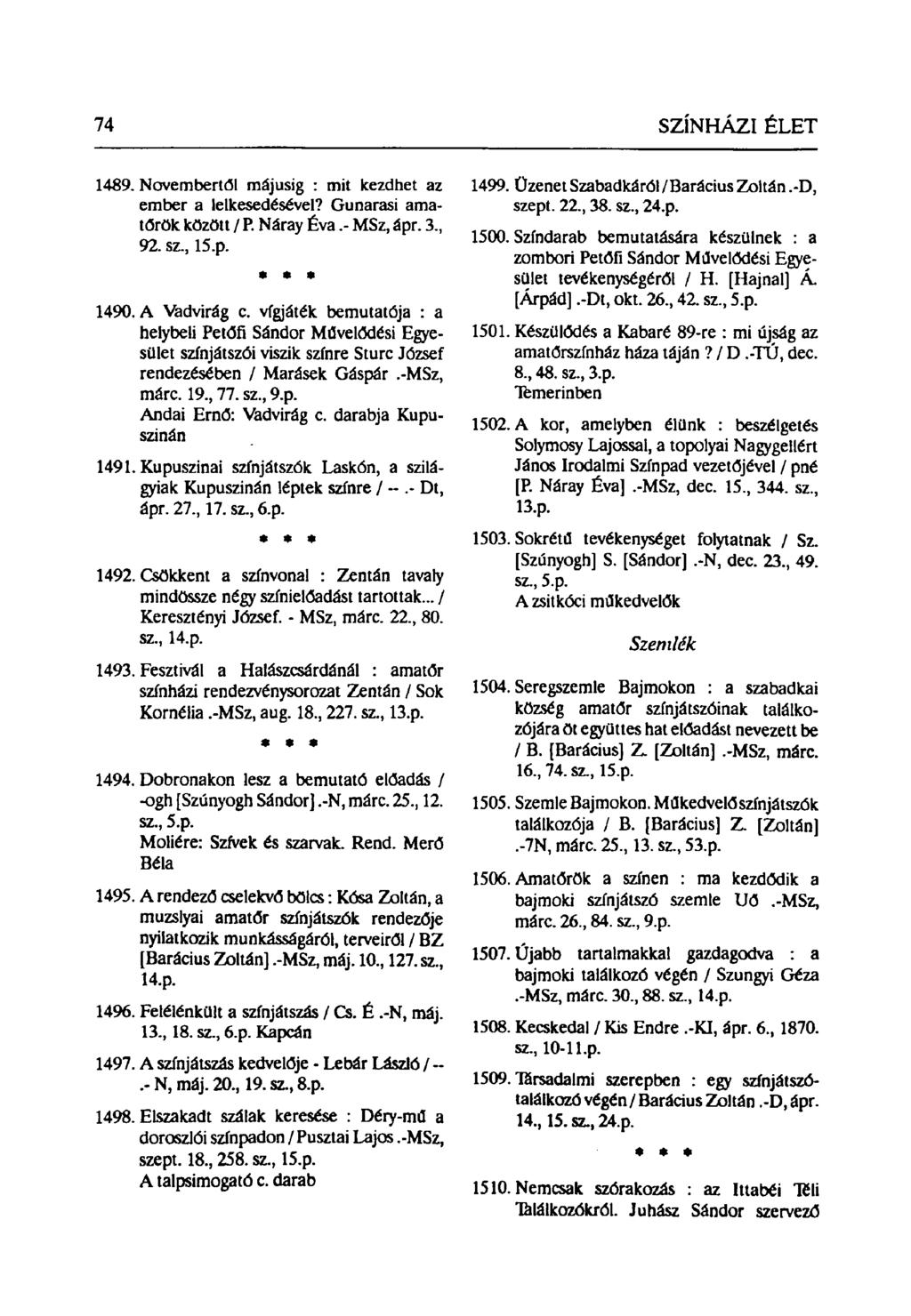 1489. Novembertől májusig : mit kezdhet az ember a lelkesedésével? Gunarasi amatőrök között / P. Náray Éva.- MSz, ápr. 3, 92. sz, 15.p. * * 1490. A Vadvirág c.