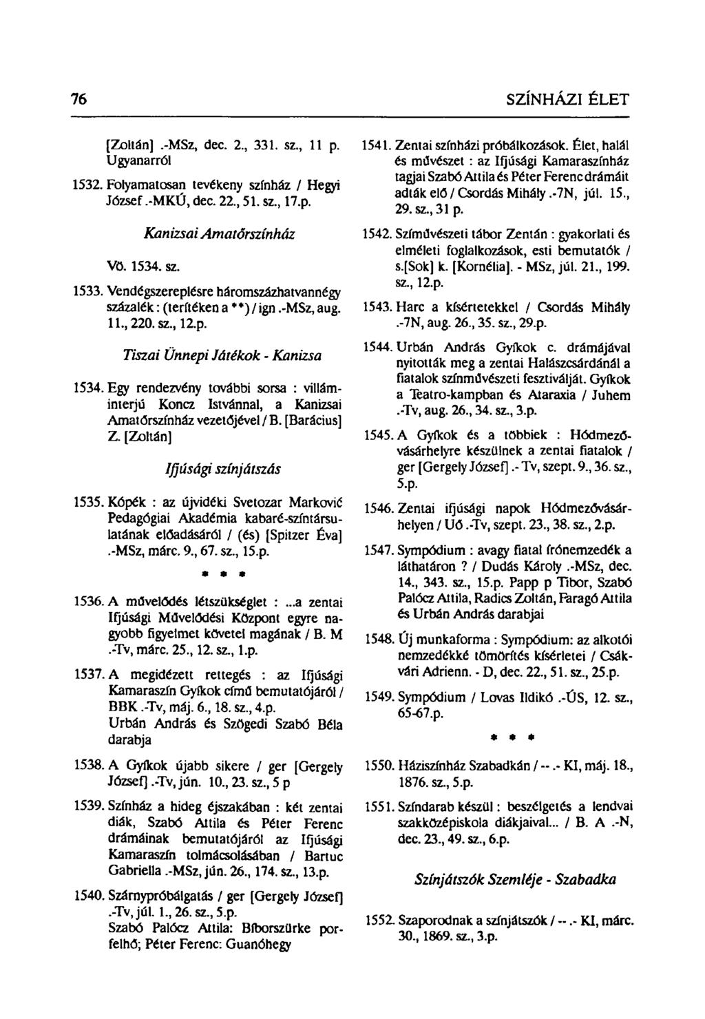 [Zoltán].-MSz, dec. 2, 331. sz, 11 p. Ugyanarról 1532. Folyamatosan tevékeny színház / Hegyi József.-MKÚ, dec. 22, 51. sz, 17.p. Kanizsai Vö. 1534. sz. Amatőrszínház 1533.