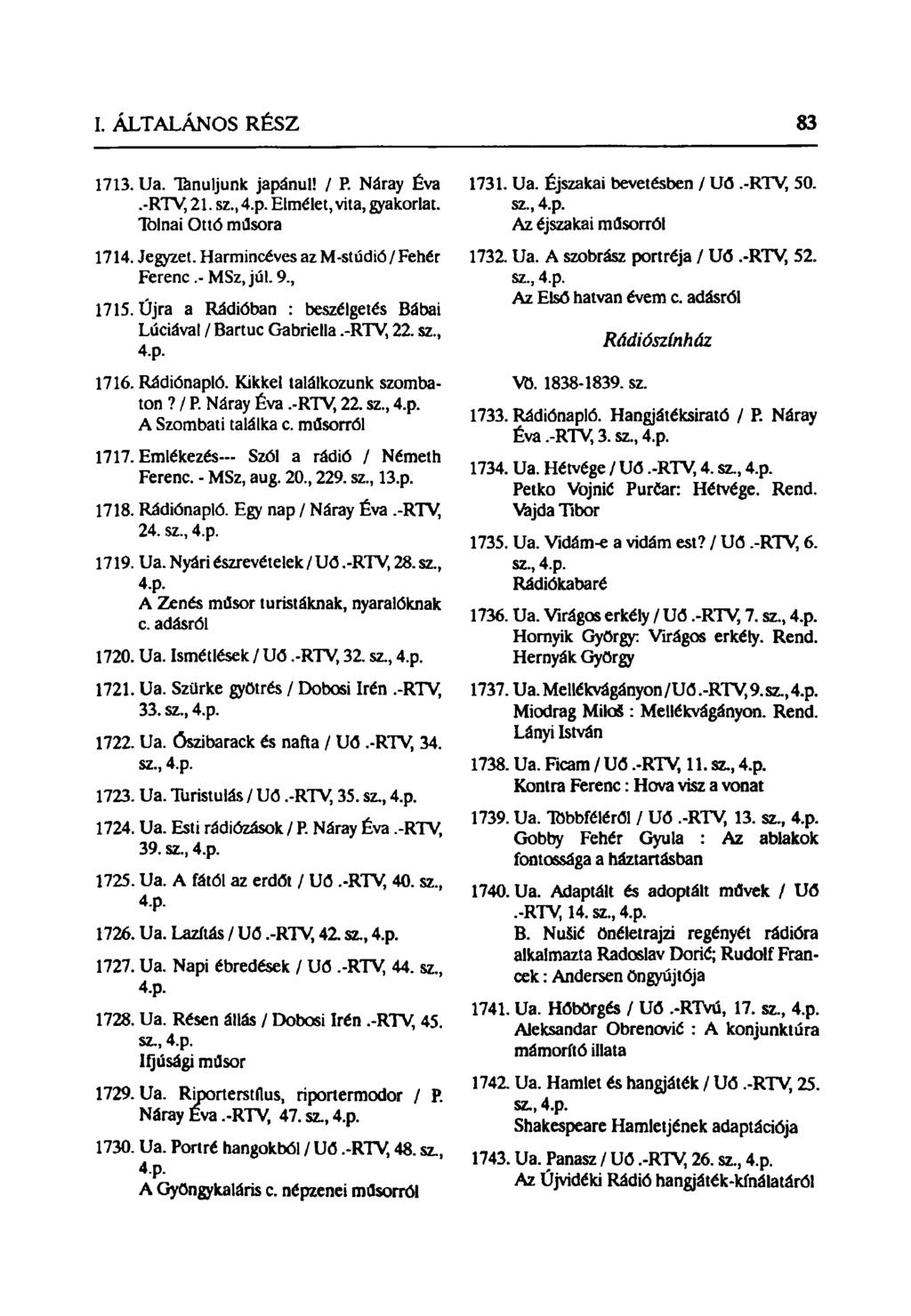 1713. Ua. Tanuljunk japánul! / P. Náray Éva.-RTV, 21. sz., 4.p. Elmélet, vita, gyakorlat. Tolnai Ottó műsora 1714. Jegyzet. Harmincéves az M-stúdió/Fehér Ferenc.- MSz, júl. 9, 1715.