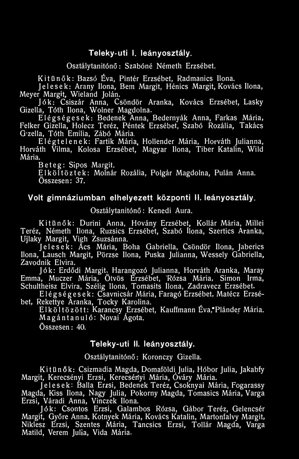 Teleky-uti I. leányosztály. Osztálytanitónő: Szabóné Németh Erzsébet. Kitűnők: Bazsó Éva, Pintér Erzsébet, Radmanics Ilona.