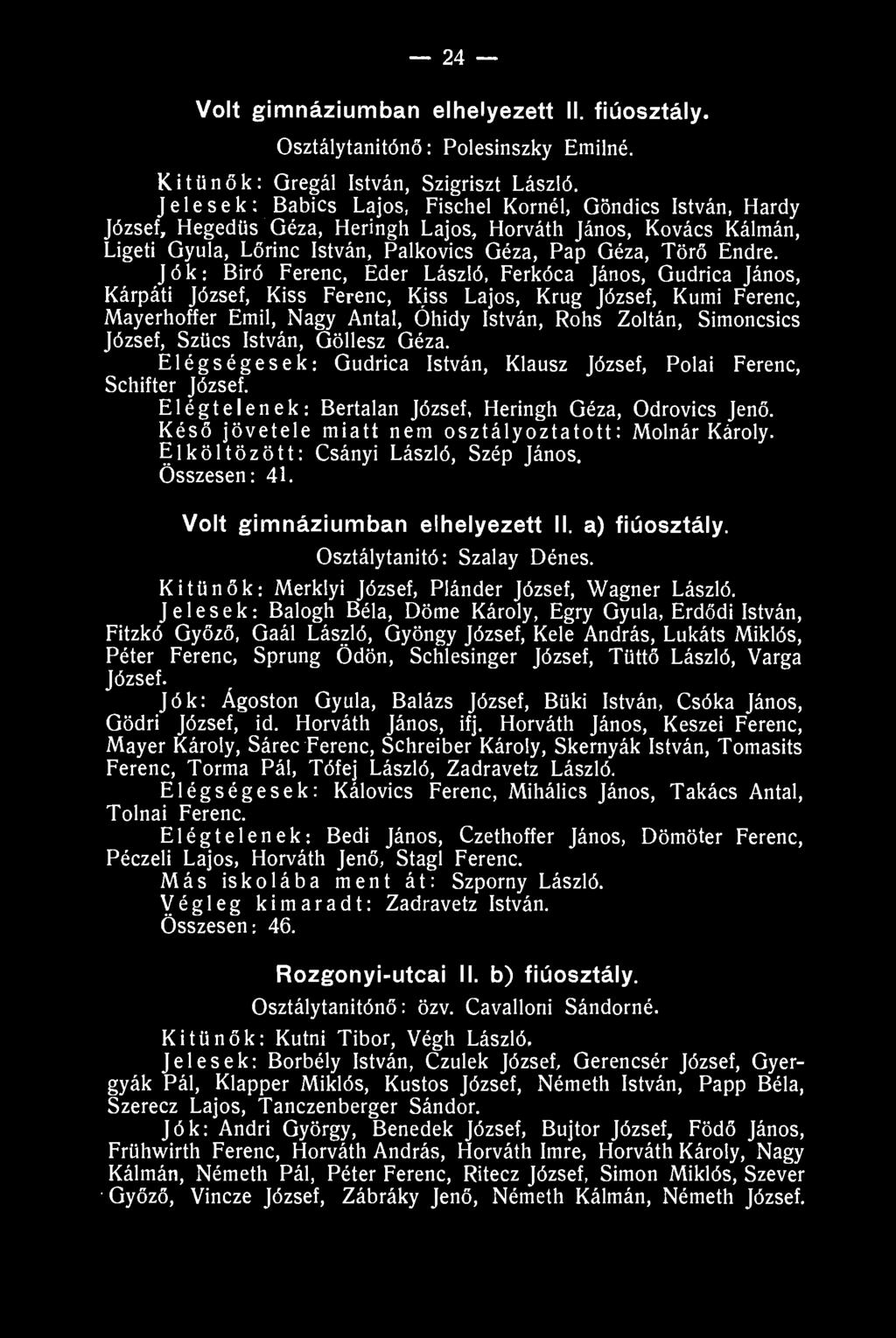 24 Volt gimnáziumban elhelyezett II. fiúosztály. Osztálytanitónő: Polesinszky Emiiné. Kitűnők: Qregál István, Szigriszt László.