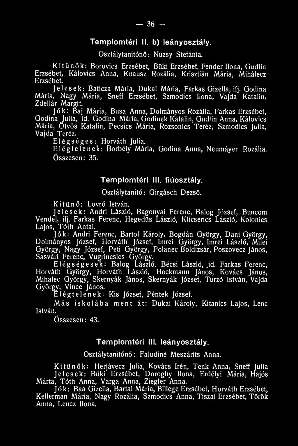 36 - Templomtéri II. b) leányosztály. Osztálytanitónő: Nuzsy Stefánia.