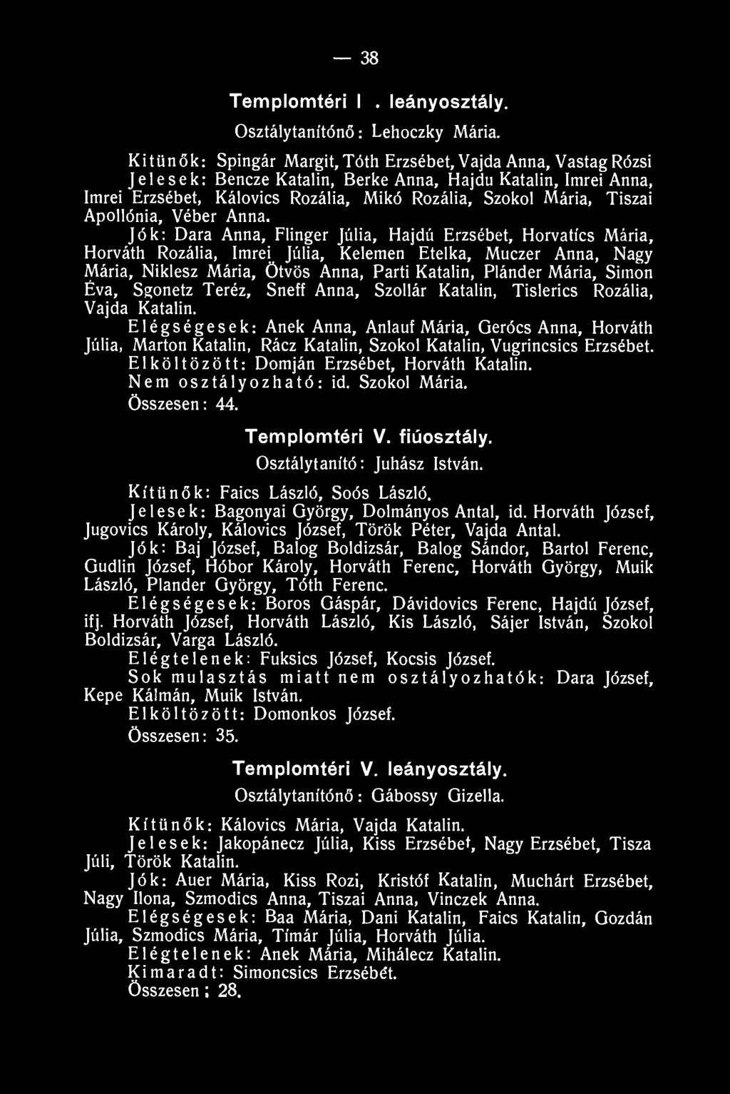 38 - Templomtéri II.b) leányosztály. Osztálytanítónő: Lehoczky Mária.