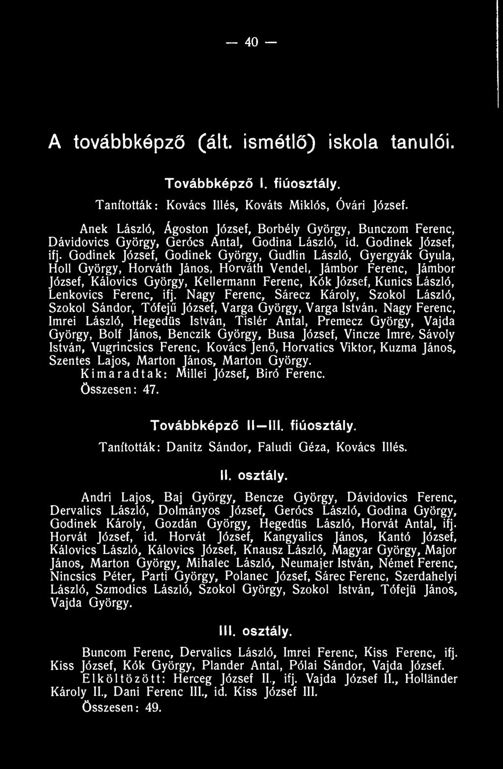 40 A továbbképző (ált. ismétlő) iskola tanulói. Továbbképző I. fiúosztály. Tanították: Kovács Illés, Kováts Miklós, Óvári József.