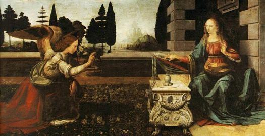 Leonardo da Vinci: Angyali üdvözlet A képen a könyvtámasz alatti asztalka középvonalán áthaladó függőleges vonal a kép terét pontosan aranymetszés szerint osztja Mária, illetve az angyal alakjának a