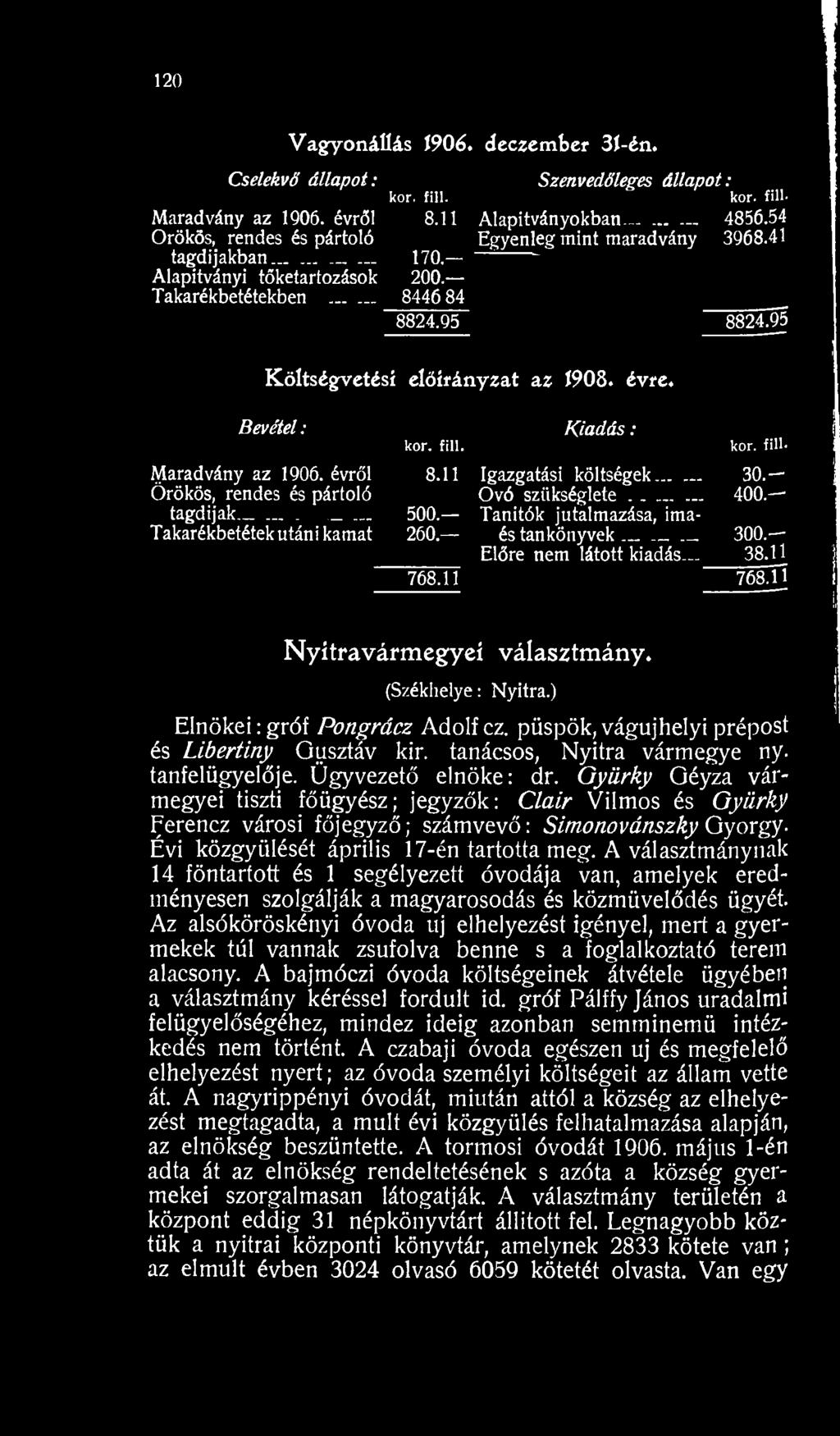 fill- Maradvány az 1906. évről Örökös, rendes és pártoló tagdíjak Takarékbetétek utáni kamat 8.11 5 0 0.- 260, 768.11 Igazgatási költségek... Óvó szükséglete.