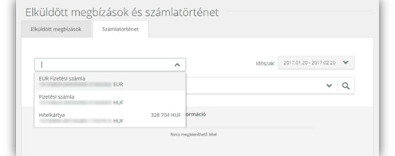 A dátumválasztó komponens használatával lehet szűkíteni, vagy bővíteni a lekérdezési listát. A számlatörténet online frissül, de csak tájékoztató jellegű.