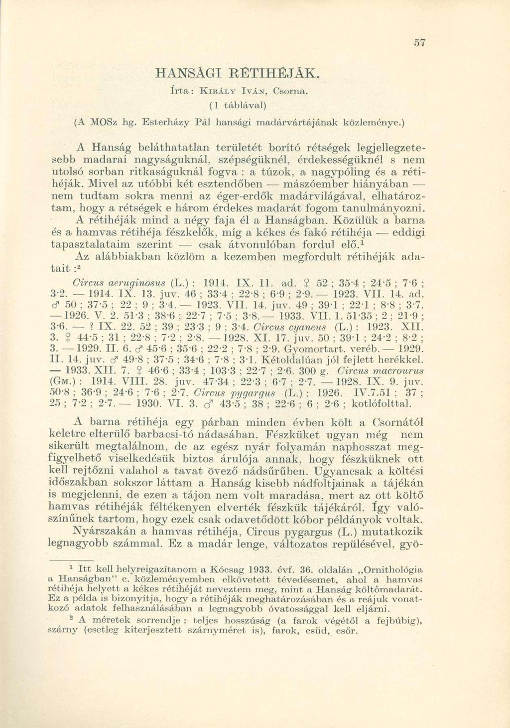 HANSÁGI RÉTIHÉJÁK. írta: KIRÁLY (1 táblával) IVÁN, Csorna. (A MOSz hg. Esterházy Pál hansági madárvártájának közleménye.