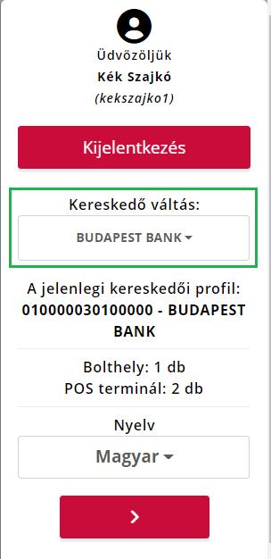Kereskedő neve (akinek fiókjába bejelentkezett a felhasználó); Inaktivitási visszaszámláló, ami 15 perc inaktivitás után automatikusan kilépteti a felhasználót; Bejelentkezett felhasználó neve /