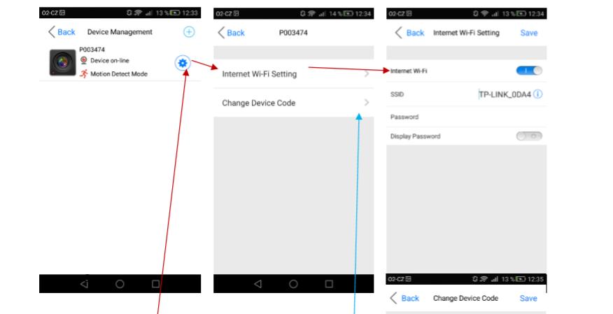 3.5 Device Management 1. Eszköz hozzáadása v. eltávolítása lásd. Gyors kezdetek. 2. Wifibeállítás és a készülék kódjának megváltoztatása: Kattintson a fogaskerékre, majd az Internet Wifi Settingre.