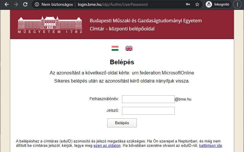 2. ábra: Bejelentkezés a BME címtárral 3. Ezt követően visszajut a Microsoft oldalára, ahol kiválaszthatja, hogy bejelentkezve szeretne-e maradni.