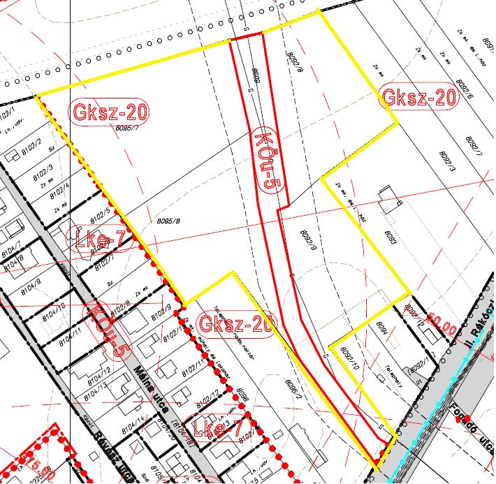 önkormányzati rendelettel módosítottuk Gksz-20 gazdasági kereskedelmi, szolgáltató építési övezetre a Vt-2 településközpont vegyes övezetről. A módosítás indoka a lakásépítés kizárása volt.