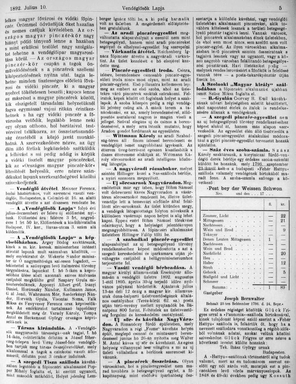 1892. Julius 10. Vendéglősök Lapja 5 lelkes m agyar fővárosi és vidéki l'őpinc.zéi'. Örömmel üdvözöljük őket hazafias és nemes czéljuk kivitelében.