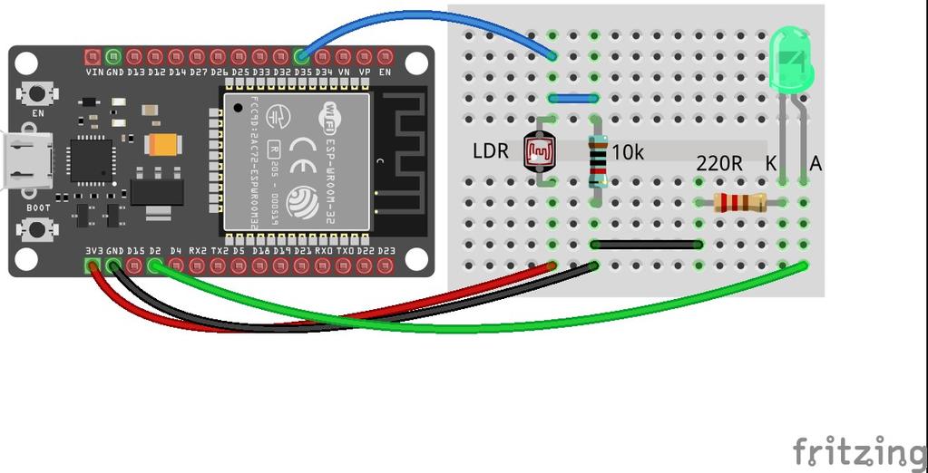 Szürkületkapcsoló Egészítsük ki az előző kapcsolást egy LED-del, amit most a GPIO2 kivezetésre kötünk!