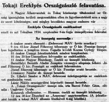 Az országzászló avatóünnepségének programja Forrás: Hegyalja, 1934. szeptember 6.