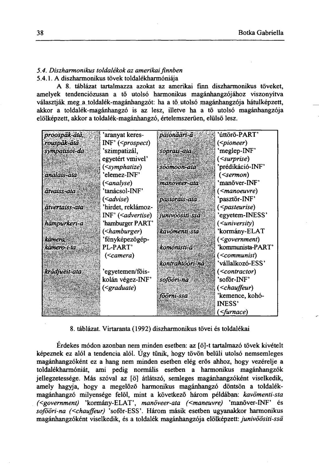 38 Botka Gabriella 5.4. Diszharmonikus toldalékok az amerikai finnben 5.4.1. A diszharmonikus tövek toldalékharmóniája A 8.