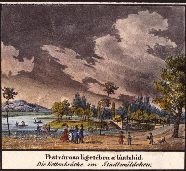 az 1838-as pesti árvíz. Nem ez volt azonban az első függőhíd, amit a budapesti közönség láthatott, ugyanis a Városligetben alig 20 méteres nyílással épült már egy függőhíd (3.2. ábra). [7] 3.2. ábra: A városligeti híd Carl Vasquez metszetén [16].