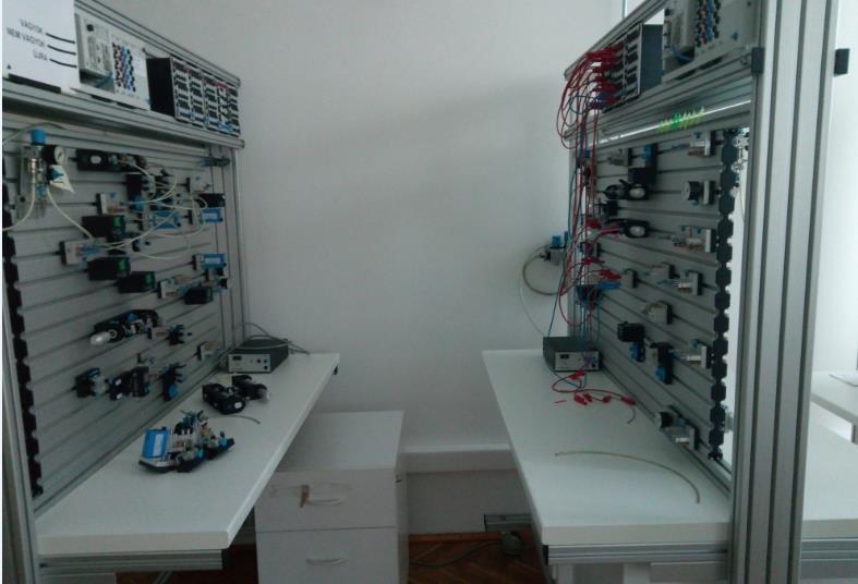 A laboratórium található, görgős szerelőfalak olyan didaktikusan kialakított pneumatikus/elektropneumatikus munkahelyek, amelyek a mechatronikai mérnök hallgatóknak lehetőségük van az órákon