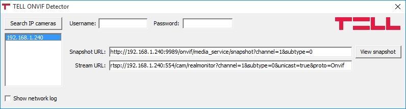 A kamera URL-ek kinyerésének több módja is van. Használható hozzá a gyártó által készített ONVIF Detector nevű program (letölthető a gyártó weboldaláról: www.tell.
