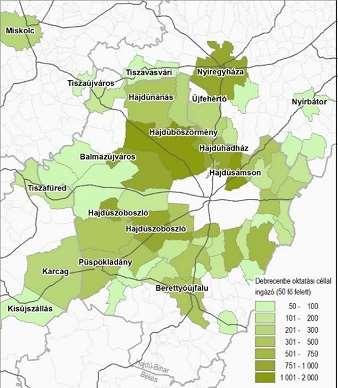 ábra: Debrecenbe munkába ingázók (bal oldal), Debrecenbe oktatási céllal ingázók (jobb oldal) Forrás: KSH-2011.