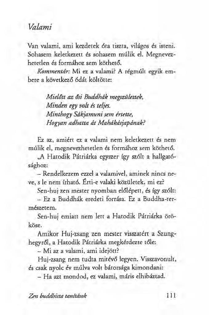 Valami Van valami, ami kezdetek óra riszra, világos és isteni. Sohasem keletkezett és sohasem múlik el. Megnevezhererlen és formához sem köthető. Kommentár: Mi ez a valami?
