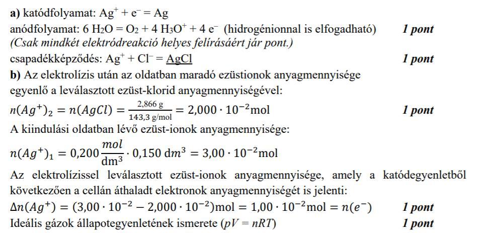 22. 150,0 cm 3 térfogatú, 0,200 mol/dm 3 koncentrációjú ezüst-nitrát-oldatot elektrolizáltunk platinaelektródok felhasználásával. A katódon csak fémleválás történik.