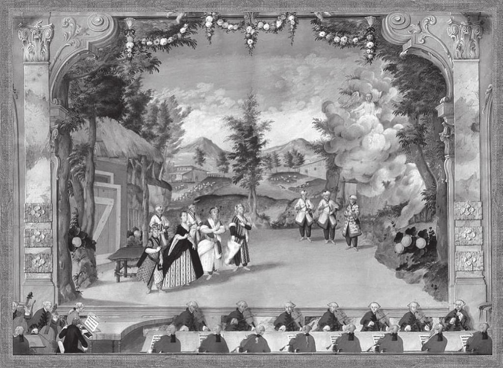 18. századi olasz hatás a kelet-európai színházépítészetben és díszletművészetben 129 Pietro Travaglia színpadképe Haydn L Incontro improvviso című operájához (1775) Az operaház és a marionettszínház
