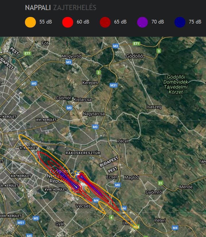 PEST MEGYE BELSŐ ADOTTSÁGAI, KÖRNYEZETI ERŐFORRÁSOK 222. ábra A Liszt Ferenc Nemzetközi Repülőtér nappali zajterhelése, 2019 Forrás: www.bud.