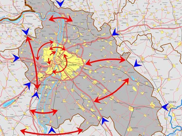 PEST MEGYE GAZDASÁGA A megye közlekedési szerkezete alapvetően sugaras szerkezetű és főváros irányú, hiányosak a harántoló kapcsolatok, amelyek hozzájárulnak ahhoz, hogy a megye települései és