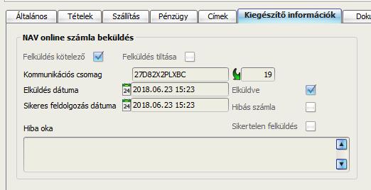 Az új mezők jelentése: Felküldés kötelező : A számlát fel kell küldeni a NAV-hoz. Ennek használatát l. később NAV-hoz beküldve : A számla sikeresen felküldve a NAV rendszerbe.