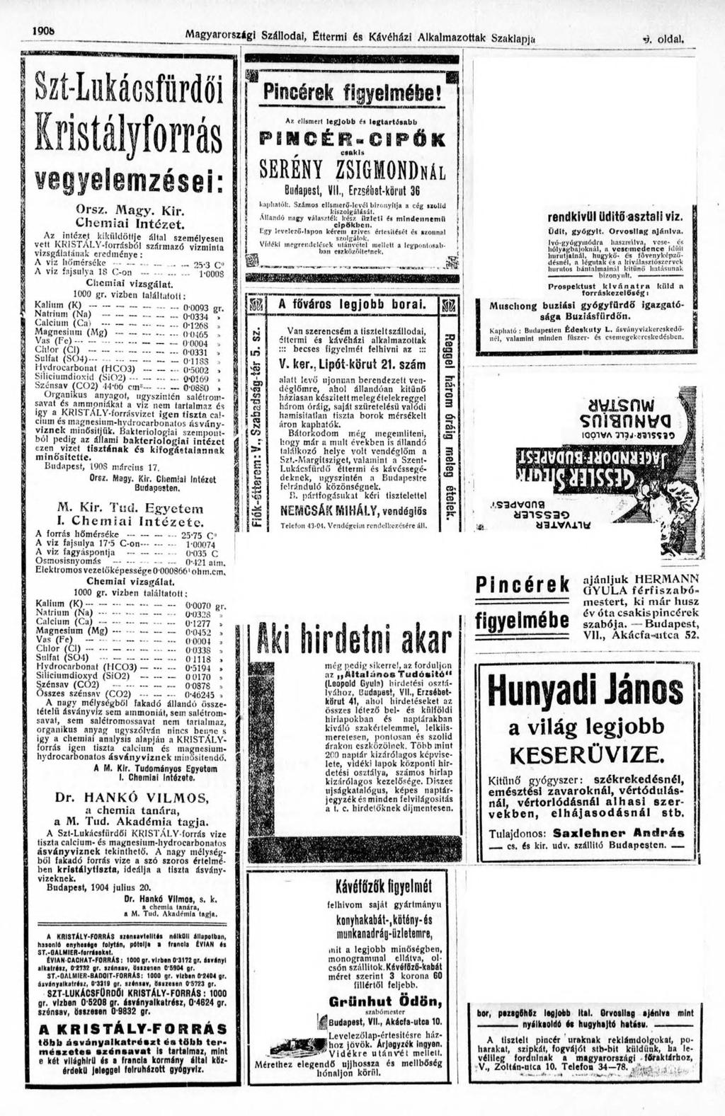 190b Szí-Lukácsfürdői Kristályforrás vegyelemzései: Orsz. Magy. Kir. Chemiai Intézet.