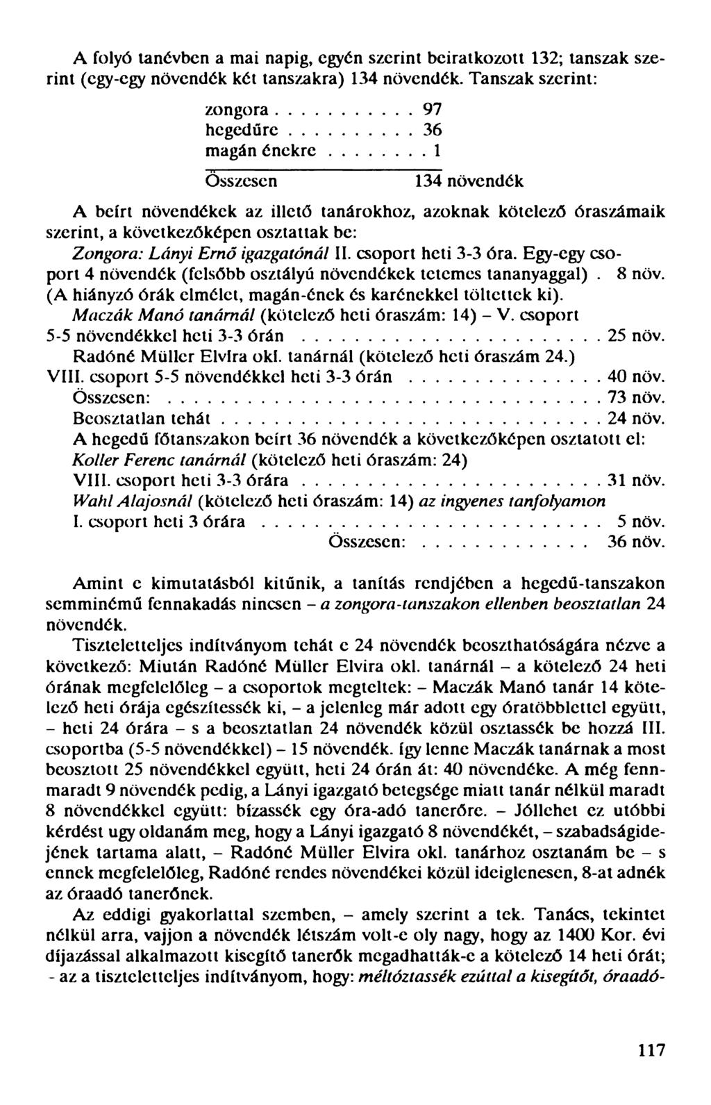 A folyó tanévben a mai napig, egyén szerint beiratkozott 132; tanszak szerint (egy-egy növendék két tanszakra) 134 növendék. Tanszak szerint: zongora...97 hegedűre...36 magán én ek re.