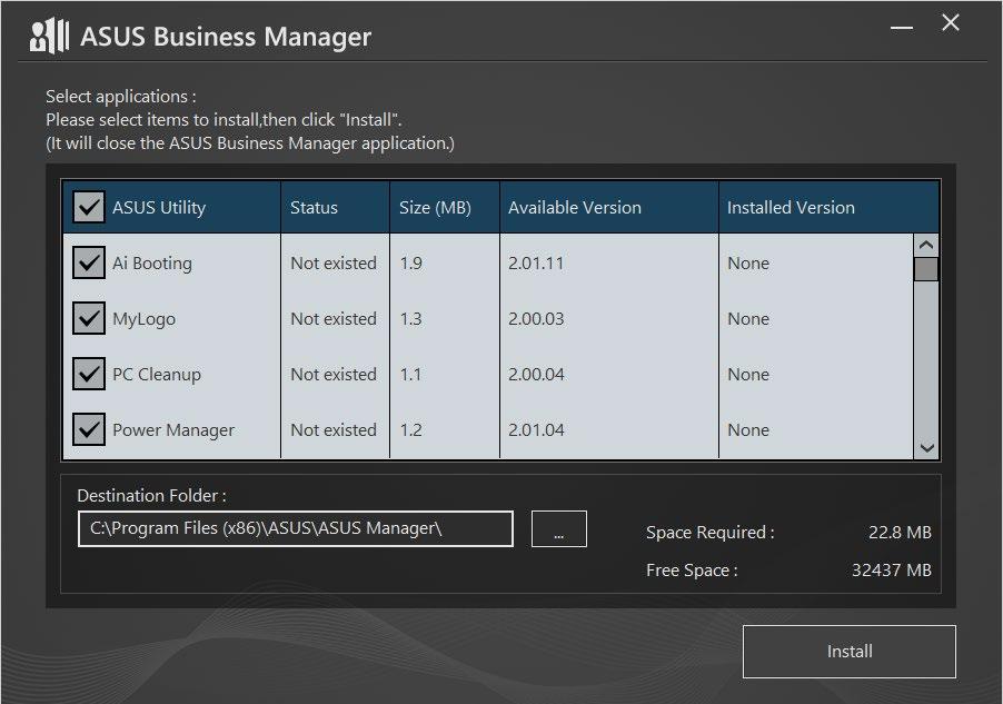 A támogatási CD ablakában kattintson a Utilities (Segédprogramok) > ASUS Business Manager elemre. 3.