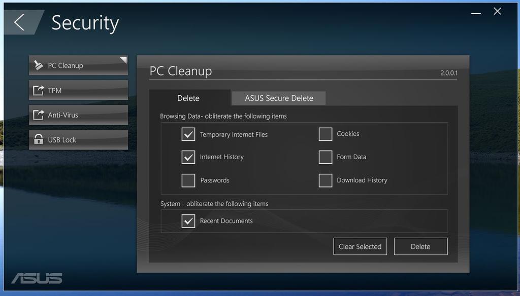 Biztonság Kattintson a Security (Biztonság) elemre az ASUS Manager főképernyőjén a PC Cleanup és az USB Lock segédprogramok eléréséhez.