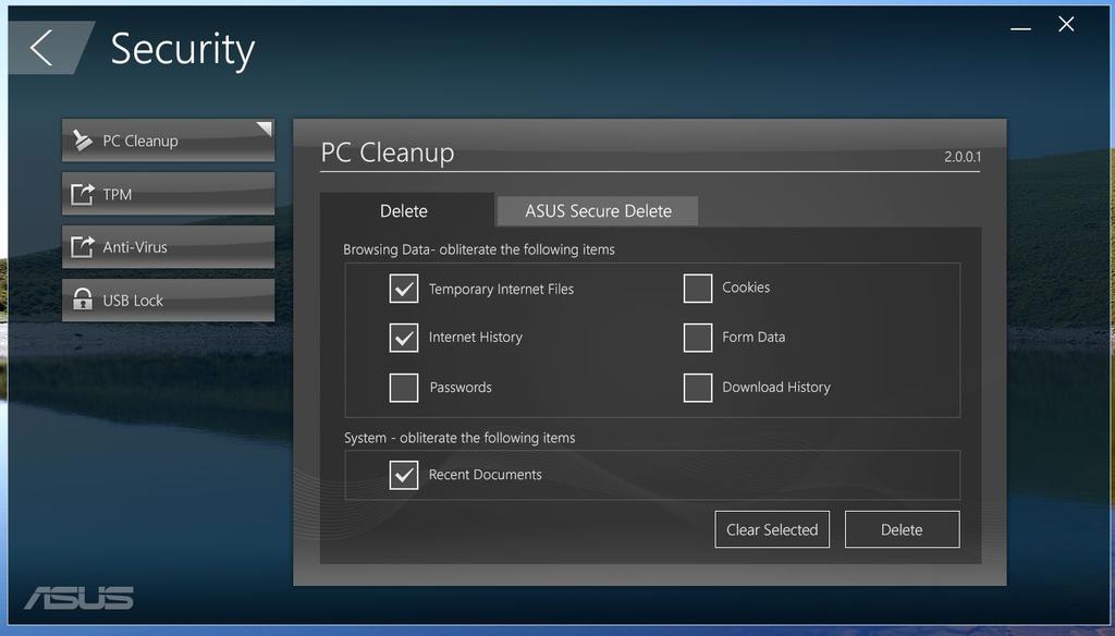 Biztonság Kattintson a Security (Biztonság) elemre az ASUS Manager főképernyőjén a PC Cleanup és az USB Lock segédprogramok eléréséhez.