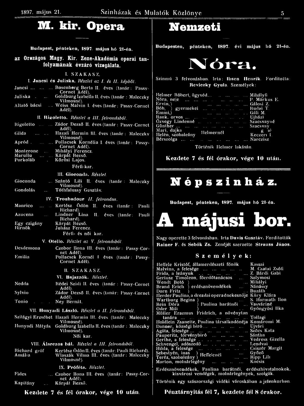 .. W eiss Malvin I. éves (tanár: Passy-C ornct II. It i c o lé t to. R é s z le l a II I. fe lv o n á s b ó l. Rigoletto...... Zádor Dezső II. éves (tanár : Passy-C ornct Gilda... Hazafi H erm in III.