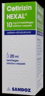 VN antihisztaminok Allergiás rinitisz Hatóanyag Készítmények Alkalmazás Cetirizin Cetigen, Cetirizin Hexal csepp, Zyrtec tbl.