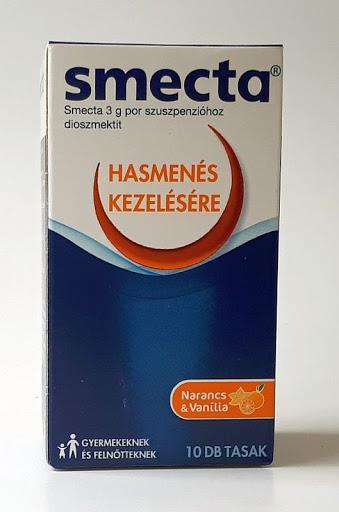 Hasmenés Kezelés, gyógyszerek: Adszorptívumok (OTC): Smecta 3 g por (dioszmektit) >2 év: 4 tasak/nap 3 napig, majd 2 tasak/nap 4 napig Carbo activatus/cralex 125 mg tbl., 200 mg kap.