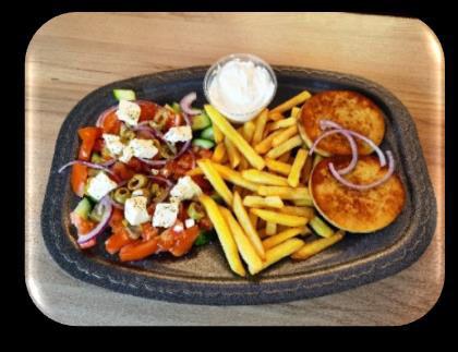 Hühnerbrust, Dressing (Dill oder scharf) Gyros bowl with pita Greek salad, pita, chicken breast, dressing (dill or spicy)