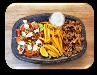 ...4 200 Ft Görög saláta, hasábburgonya, grill sajt, öntet (kapros vagy csípős) Vega Gyros Schüssel mit Pommes Frites
