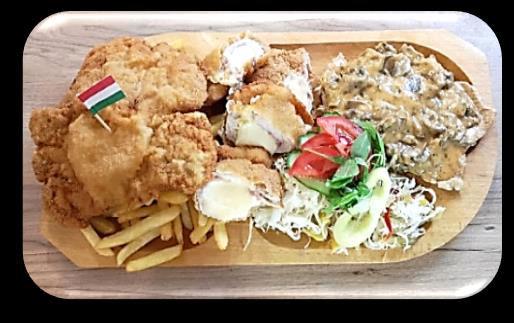 Schweineschnitzel mit Pommes, und Gemischter Salat Hungry dish (1 Person) 1 Cordon Bleu,1 Pork Cutlet with Mushroom, 1 Breaded Cutlet, with Fried French, Mixed Salad Platou flămând (1 Persoana) 1