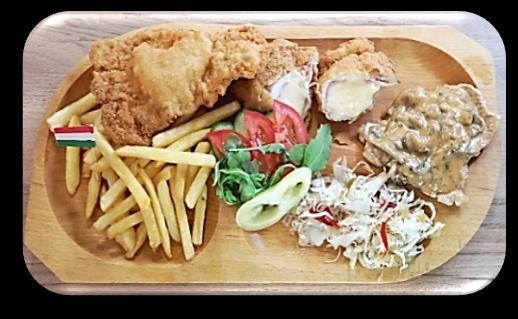 salátával) Platte für Hungry (2 Person) 2 Cordon Bleu,2 Schweinkotelett mit Champignon, 2 Schweineschnitzel, mit Pommes, und Salat Hungry dish (2 Person) 2 Cordon Bleu,2 Pork Cutlet with Mushroom, 2