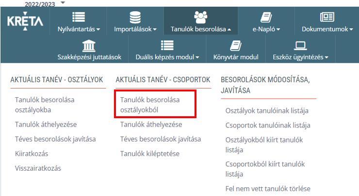3. Tanulók osztályba/csoportba sorolása A tanulók osztályba sorolását az osztály indulási dátumával végezhetjük el a Tanulók besorolása/tanulók besorolása osztályokba menüben.