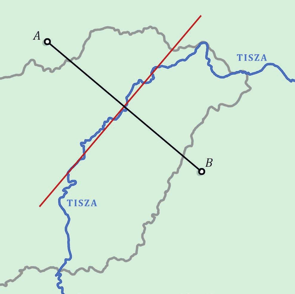 4. A SZAKASZ FELEZŐMERŐLEGESE 5 Rajzolj a térképvázlatra egy olyan AB szakaszt, amelynek a felezőmerőlegese sokszor metszi a Tisza vonalát! Az ábrámon a metszéspontok száma: 6-7-8.