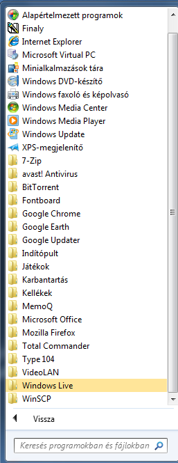 1.fejezet: A Windows 7 felfedezése Minden program menü A Minden program All Programs menüben az új programok figyelemfelkeltő módon, kiemelve jelennek meg A Minden program All Programs menün