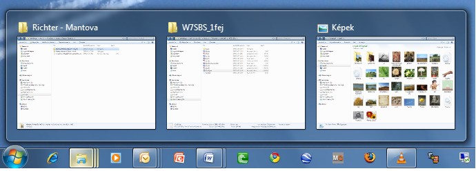1.fejezet: A Windows 7 felfedezése Egymás mögé helyezett (csoportosított) tálcagombok Az egy csoportba rendezett nagy miniatűrök megkönnyítik az egyszerre nyitva lévő ablakok kezelését