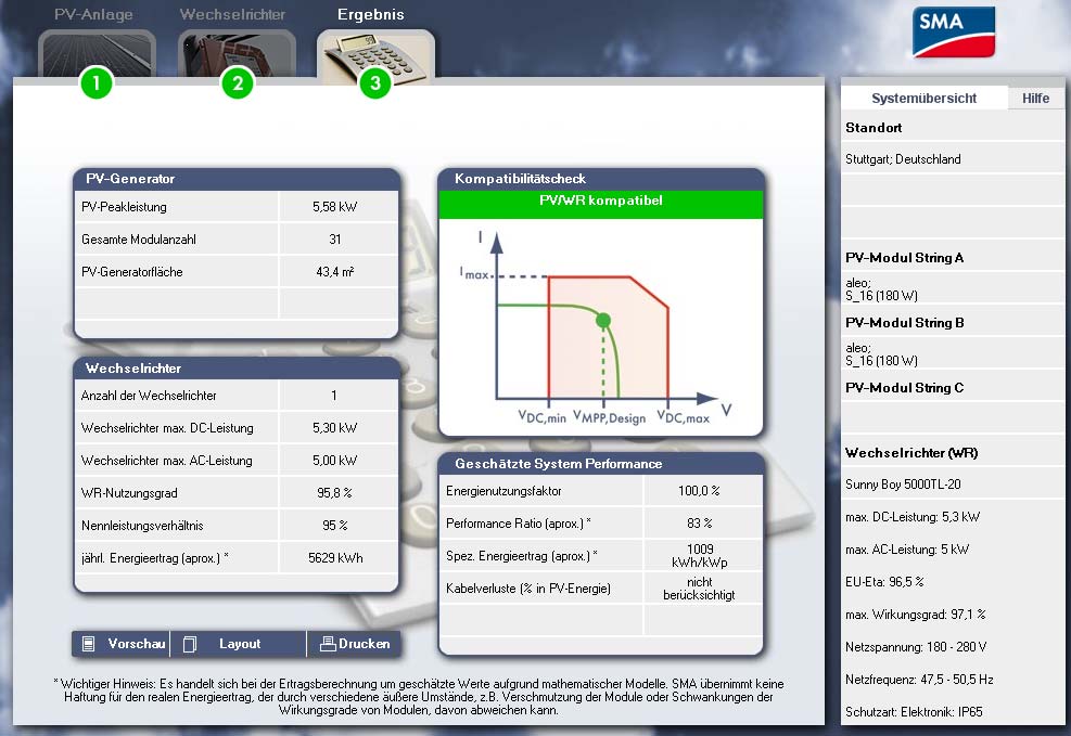 A generátor csúcs(peak)teljesítményéhez adjuk meg az összes (itt 30 db) modul teljesítményét, a mi esetünkben ez 30 db modul á 180 Wp = 5.400 Wp, azaz 5,4 kwp.