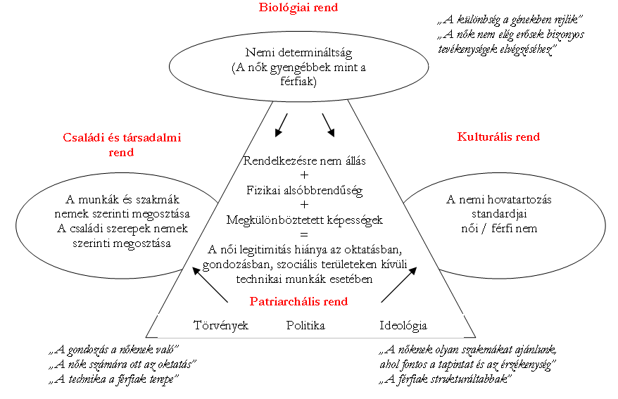 A képzésben kialakult és a foglalkoztatás ágazataiban leképeződő nemi szegregáció komplex következménye a biológiailag meghatározott érdeklődési körön és képességeken alapuló sztereotípiáknak, és a