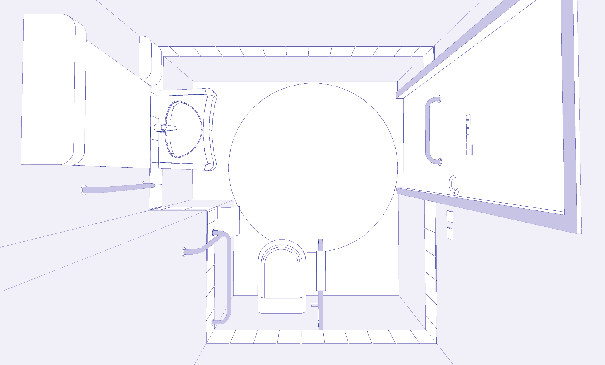 figyelmeztetô jelzés, - elhajtható kapaszkodó, - 0,90x1,20 m méretû szabad terület, - Kiegészítôk (szappan, törülközô, polc), -